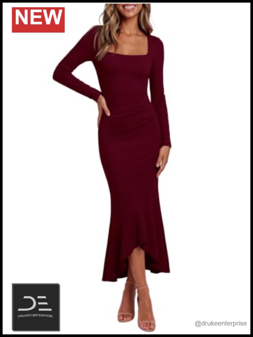 Slim Fit Long Sleeve Square Neck Midi Formal Cocktail Dress